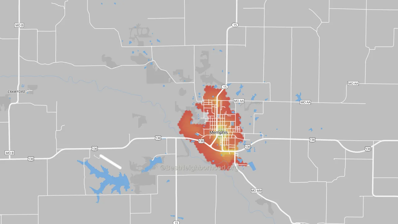 Walk Grade map of Memphis, MO, walkable areas in green and car-dependent areas in red