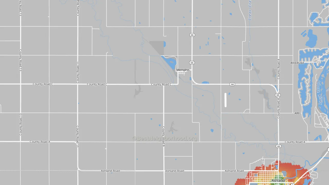 Walk Grade map of Memphis, NE, walkable areas in green and car-dependent areas in red