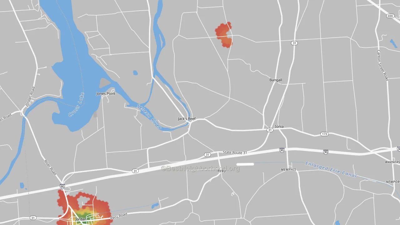 Walk Grade map of Memphis, NY, walkable areas in green and car-dependent areas in red