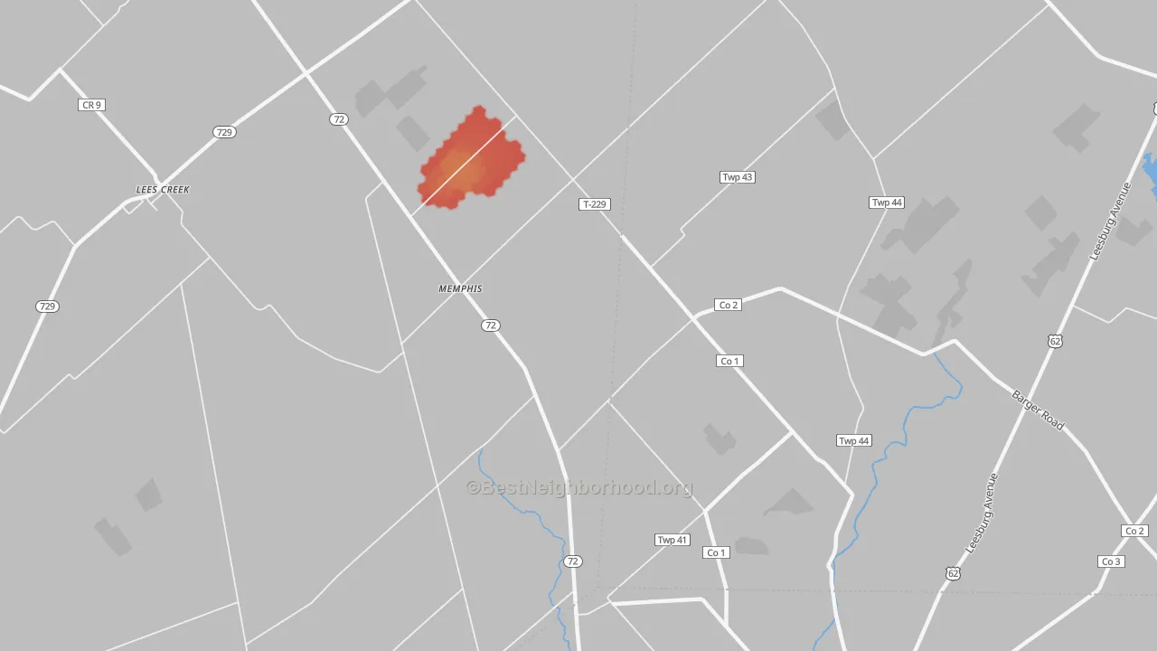 Walk Grade map of Memphis, OH, walkable areas in green and car-dependent areas in red