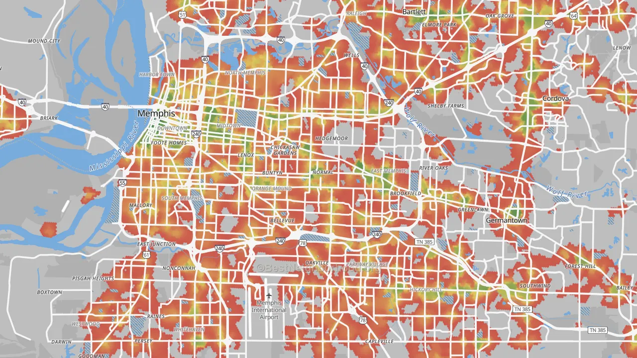 Walk Grade map of Memphis, TN, walkable areas in green and car-dependent areas in red