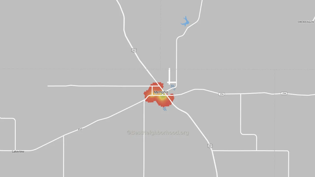 Walk Grade map of Memphis, TX, walkable areas in green and car-dependent areas in red