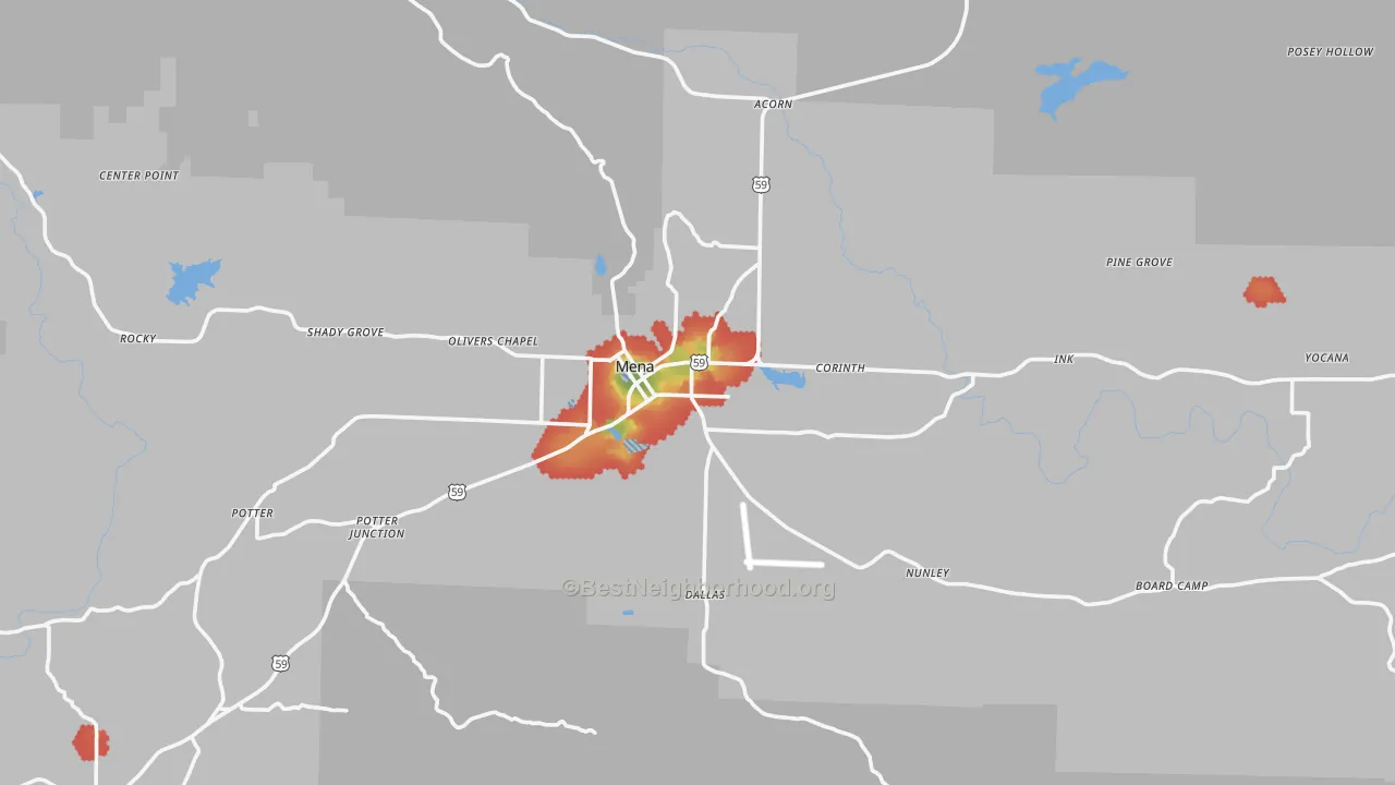 Walk Grade map of Mena, AR, walkable areas in green and car-dependent areas in red