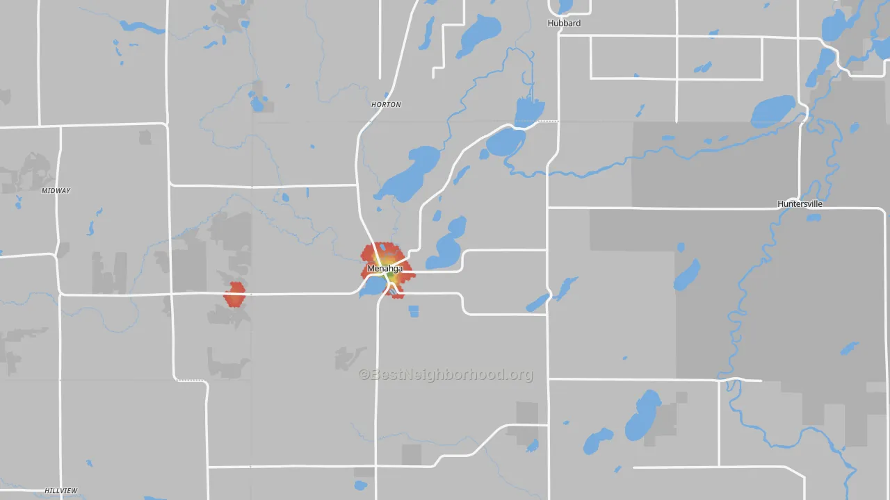 Walk Grade map of Menahga, MN, walkable areas in green and car-dependent areas in red