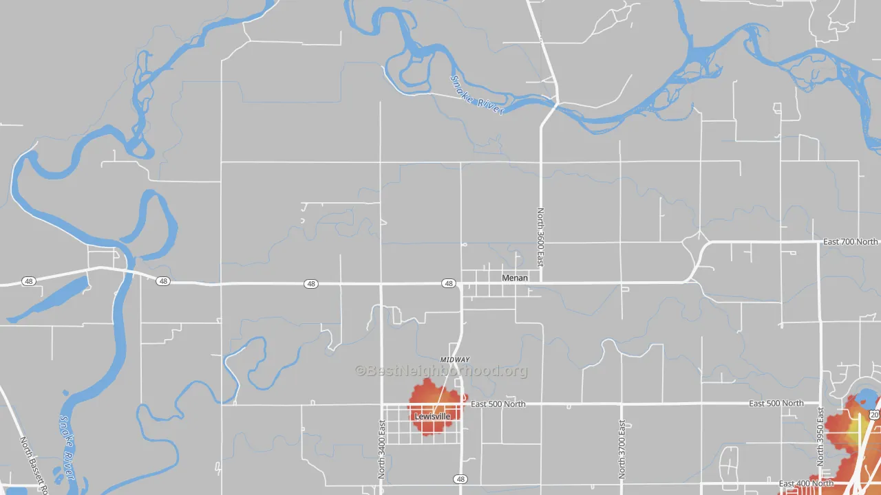 Walk Grade map of Menan, ID, walkable areas in green and car-dependent areas in red