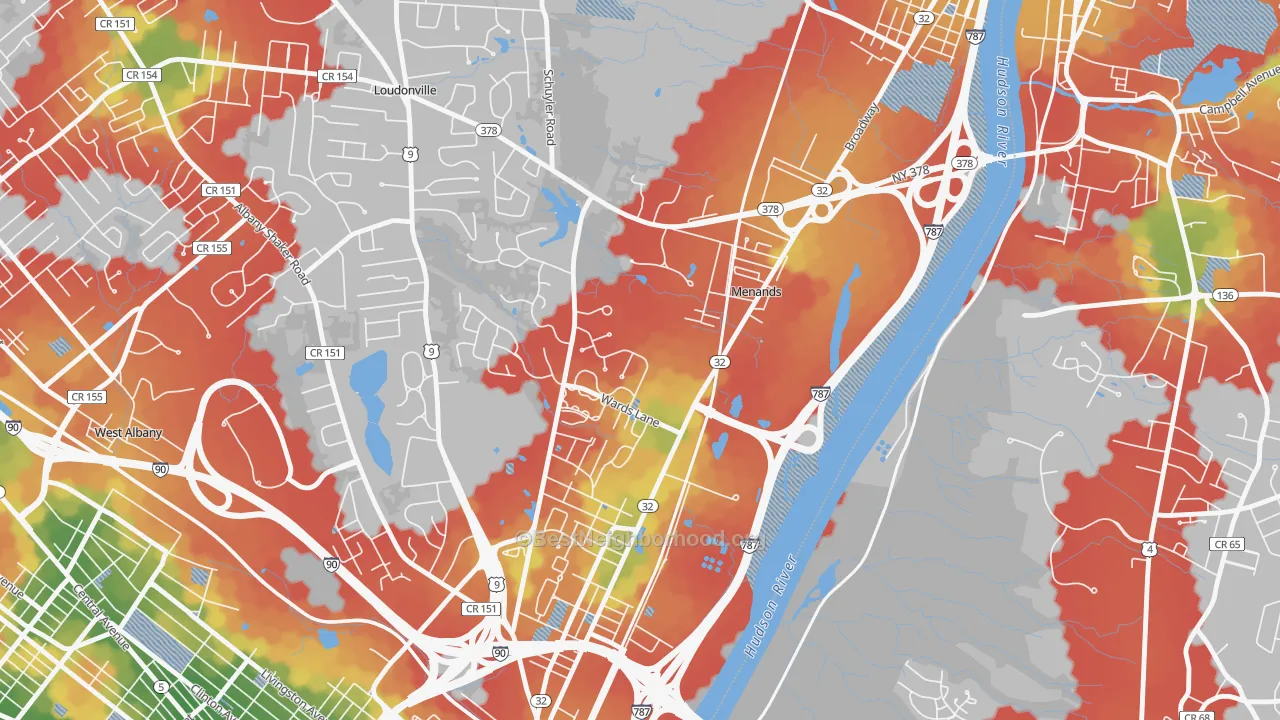 Walk Grade map of Menands, NY, walkable areas in green and car-dependent areas in red