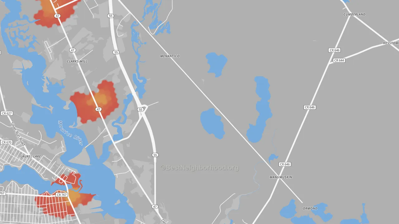 Walk Grade map of Menantico, NJ, walkable areas in green and car-dependent areas in red