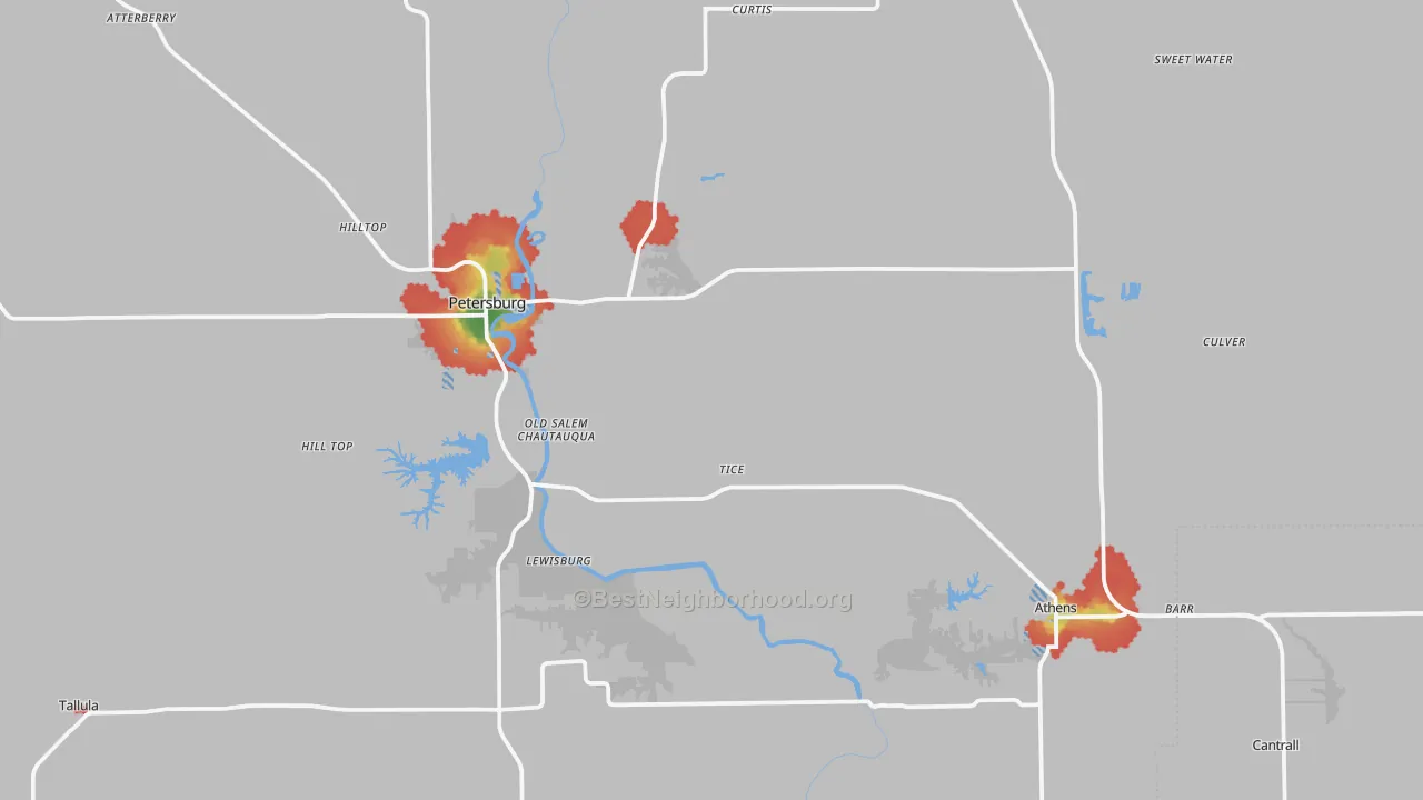 Walk Grade map of Menard County, IL, walkable areas in green and car-dependent areas in red