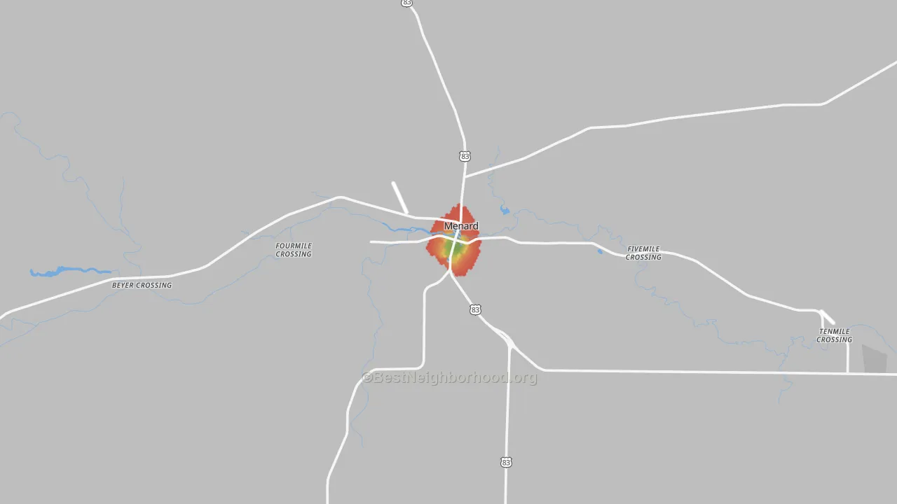 Walk Grade map of Menard, TX, walkable areas in green and car-dependent areas in red