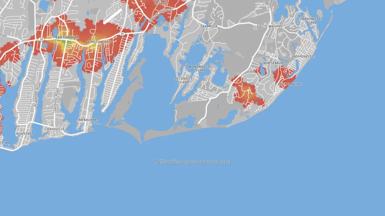Walk Grade map of Menauhant, MA, walkable areas in green and car-dependent areas in red