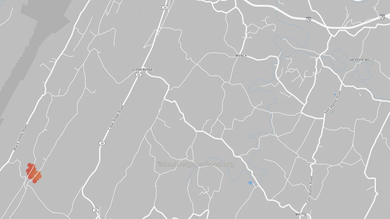 Walk Grade map of Mench, PA, walkable areas in green and car-dependent areas in red