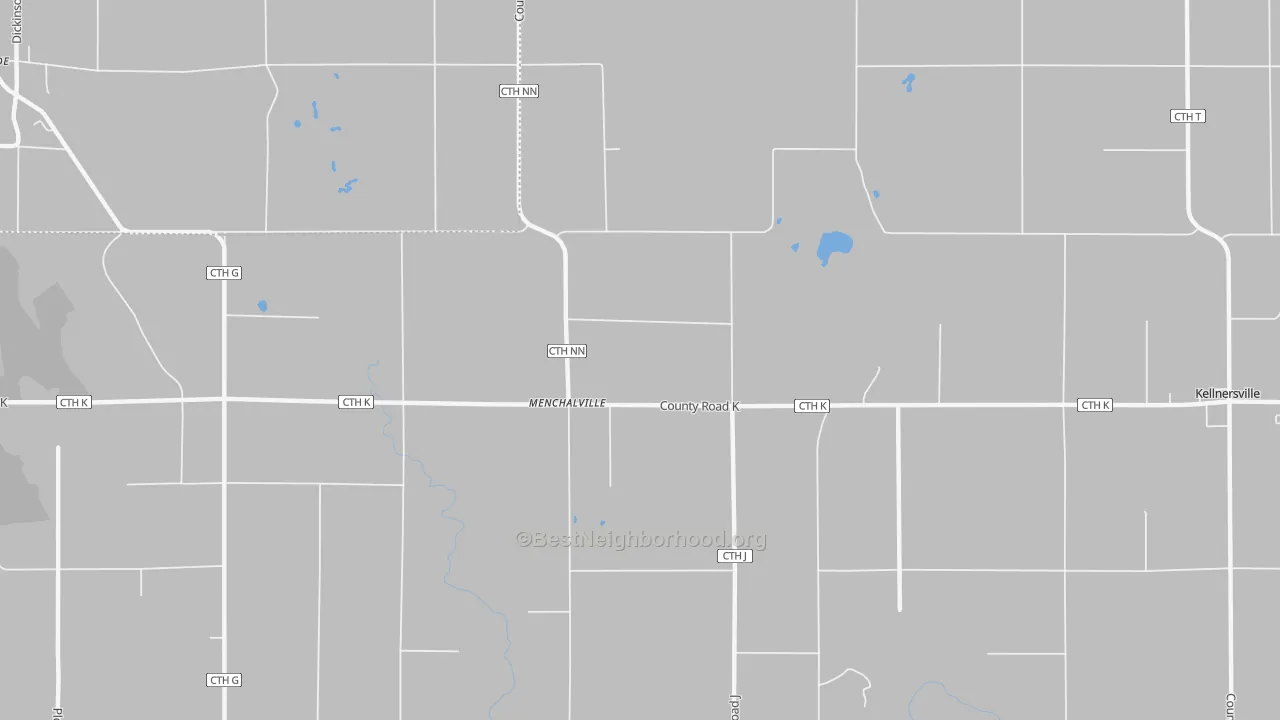 Walk Grade map of Menchalville, WI, walkable areas in green and car-dependent areas in red