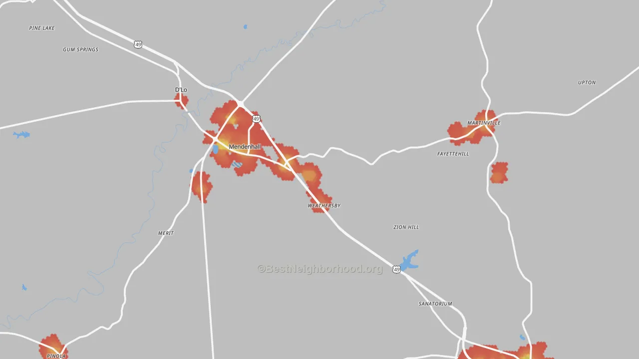 Walk Grade map of Mendenhall, MS, walkable areas in green and car-dependent areas in red