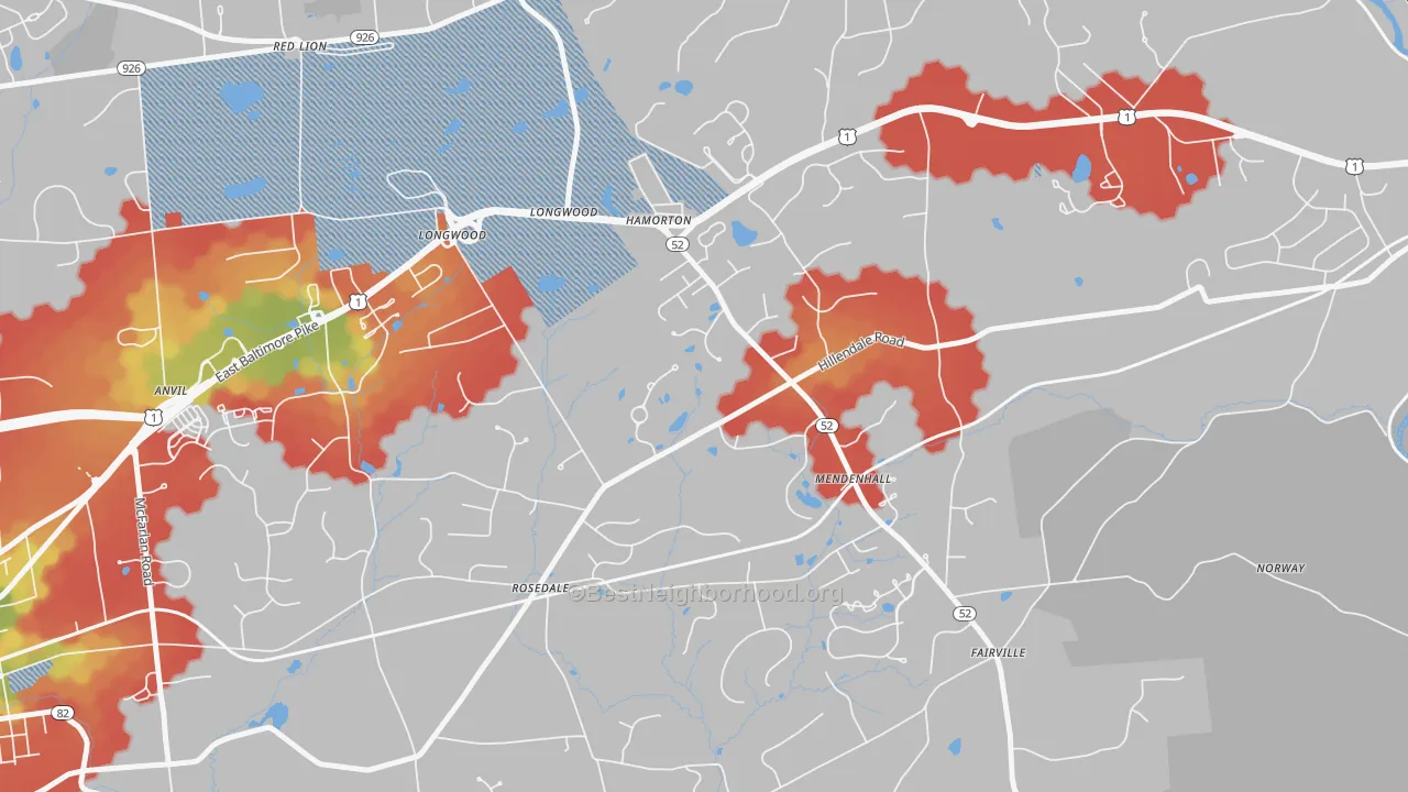 Walk Grade map of Mendenhall, PA, walkable areas in green and car-dependent areas in red