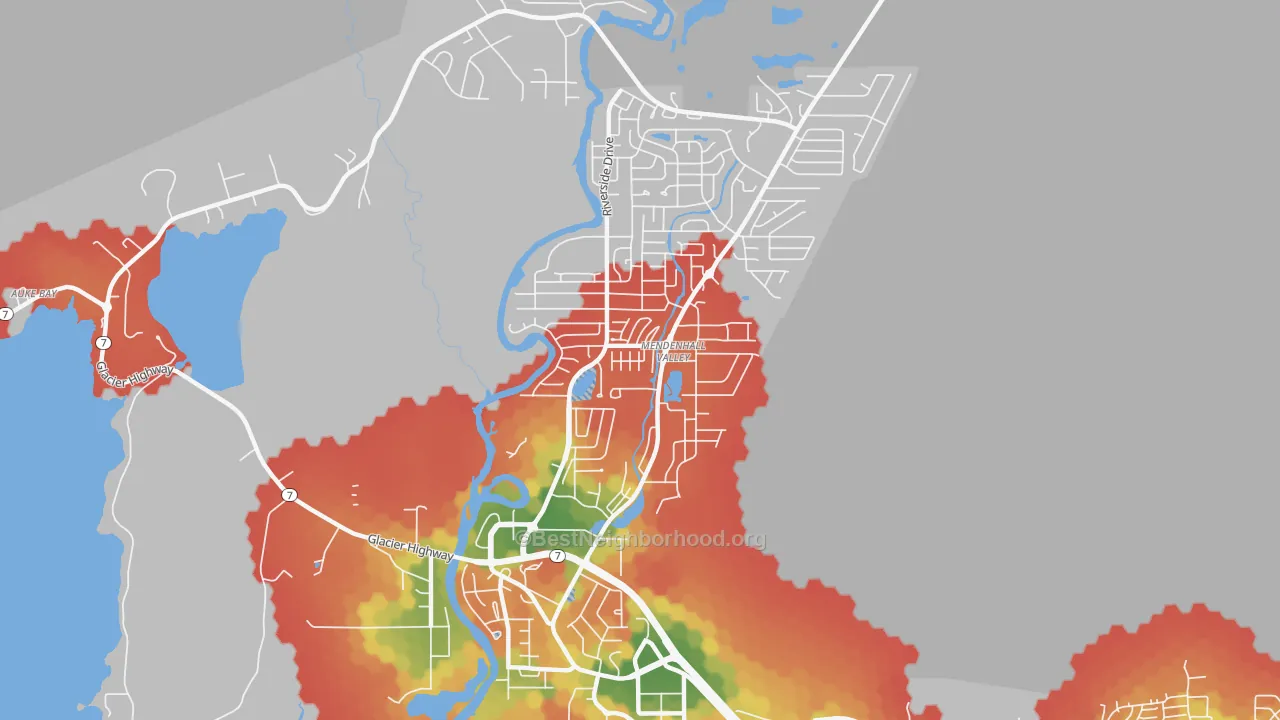 Walk Grade map of Mendenhall Valley, Juneau, AK, walkable areas in green and car-dependent areas in red