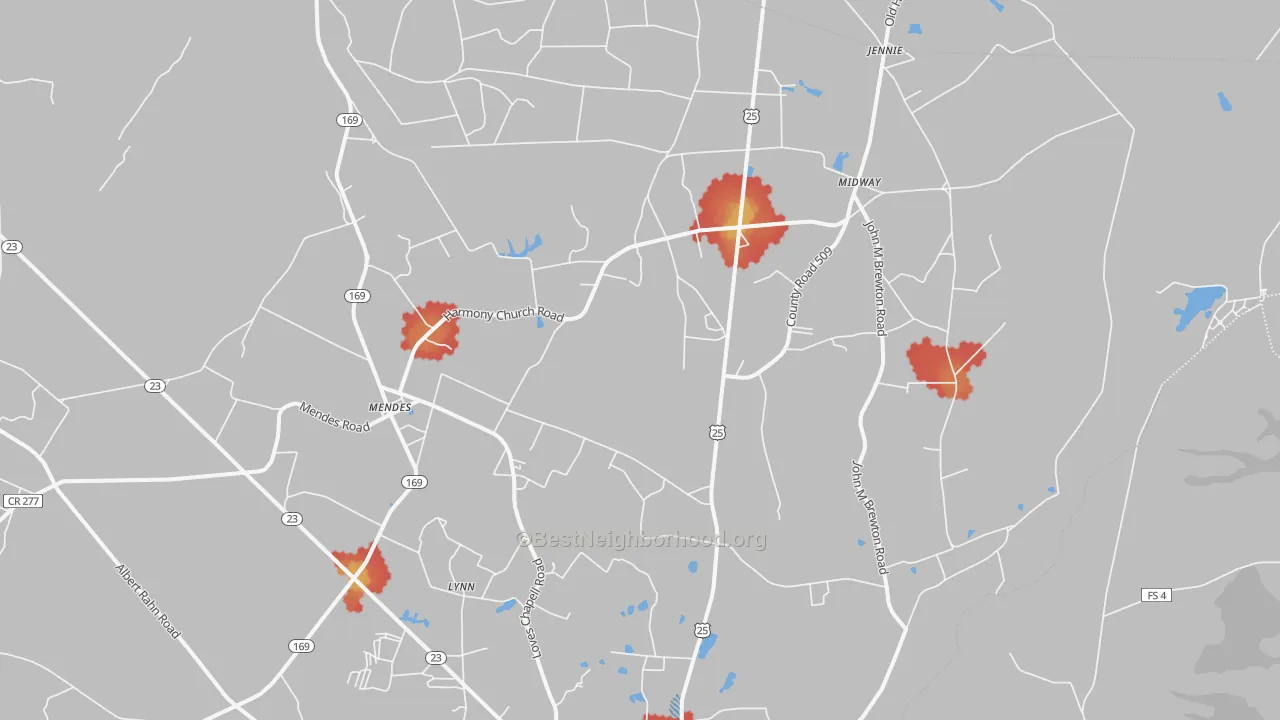 Walk Grade map of Mendes, GA, walkable areas in green and car-dependent areas in red