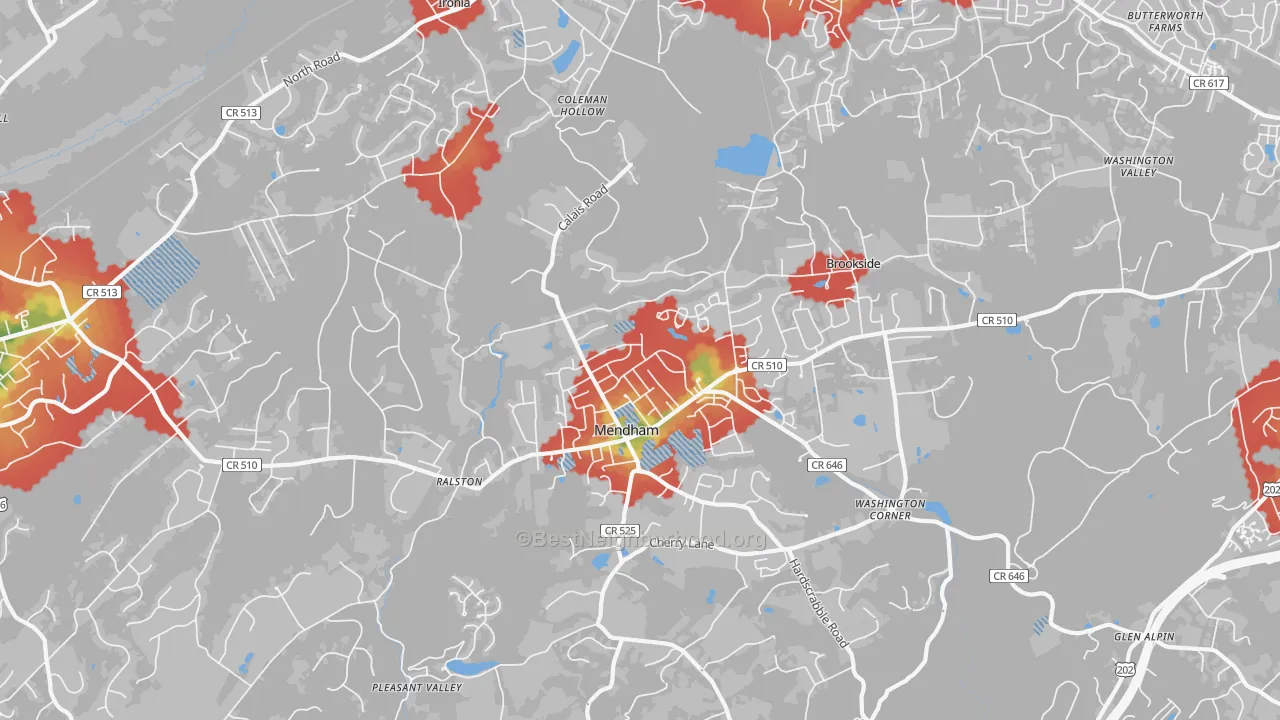 Walk Grade map of Mendham, NJ, walkable areas in green and car-dependent areas in red