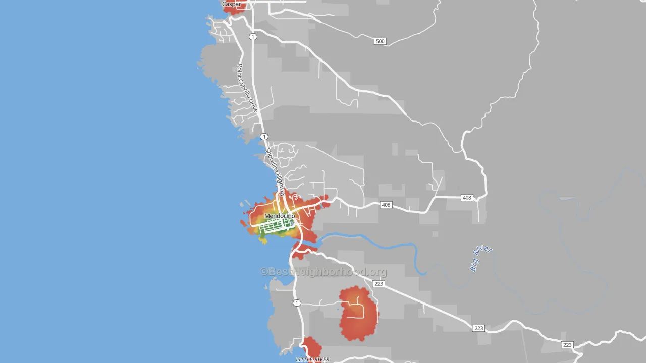 Walk Grade map of Mendocino, CA, walkable areas in green and car-dependent areas in red