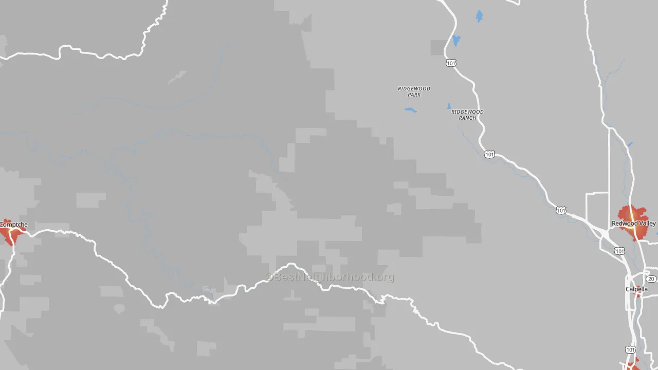 Walk Grade map of Mendocino County, CA, walkable areas in green and car-dependent areas in red