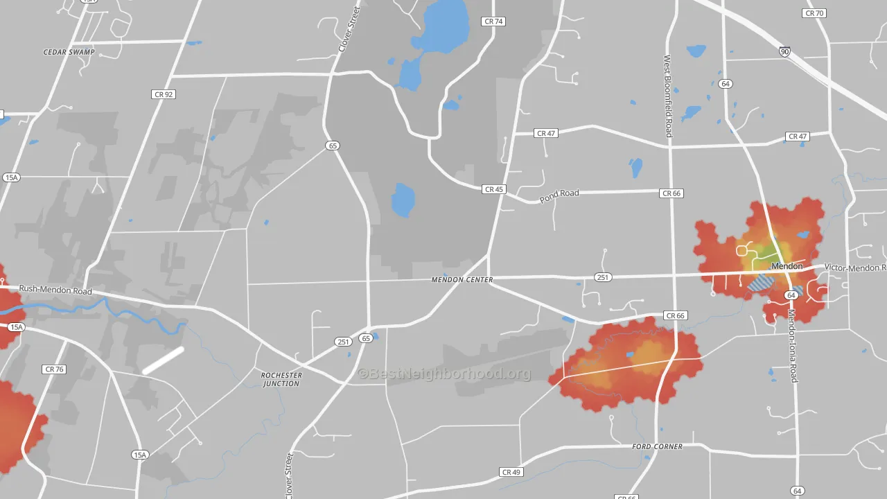 Walk Grade map of Mendon Center, NY, walkable areas in green and car-dependent areas in red