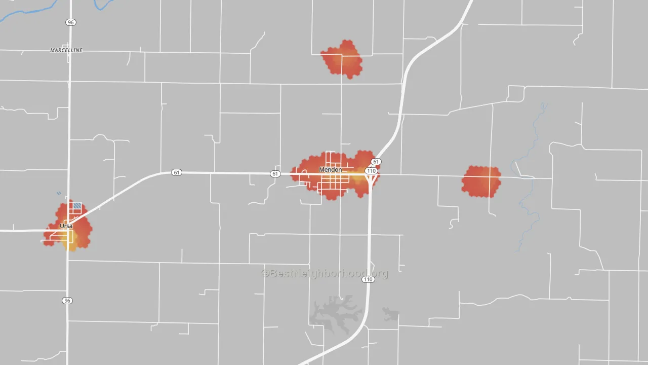Walk Grade map of Mendon, IL, walkable areas in green and car-dependent areas in red