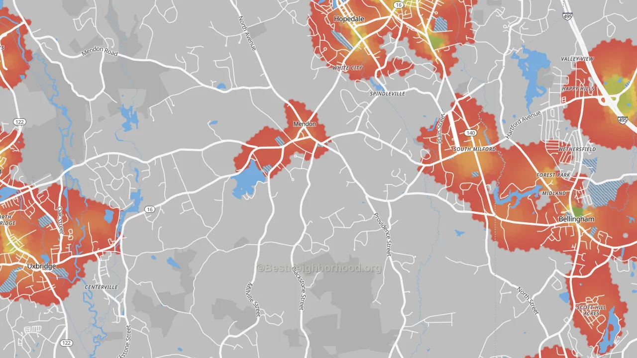 Walk Grade map of Mendon, MA, walkable areas in green and car-dependent areas in red