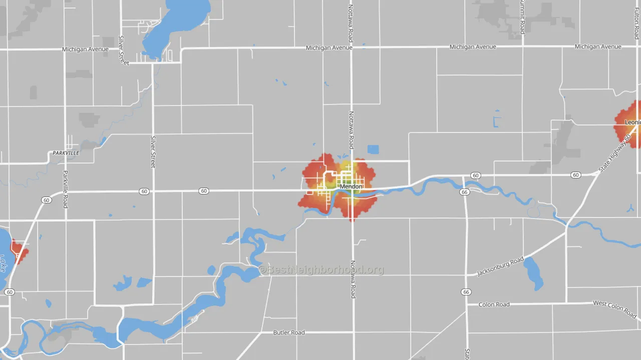 Walk Grade map of Mendon, MI, walkable areas in green and car-dependent areas in red