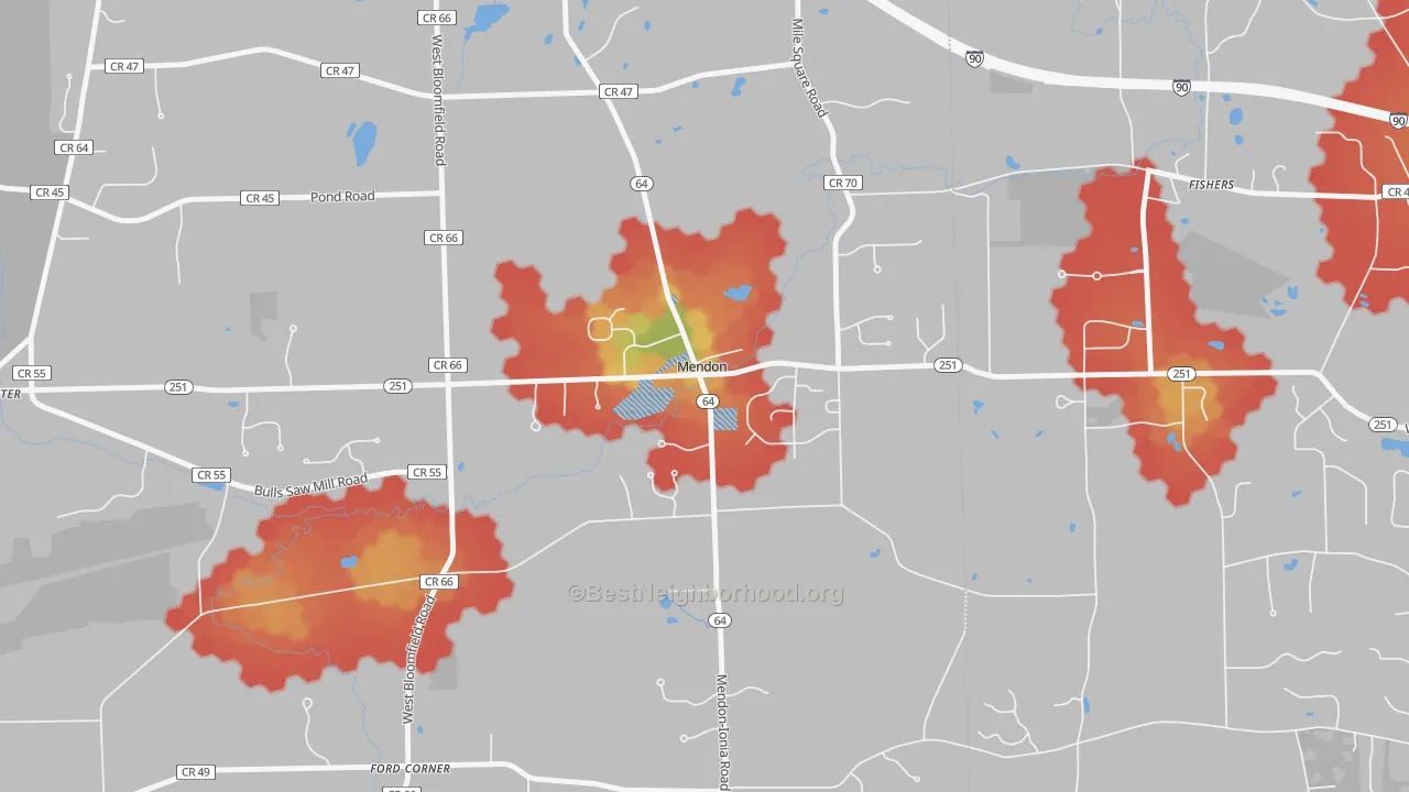 Walk Grade map of Mendon, NY, walkable areas in green and car-dependent areas in red
