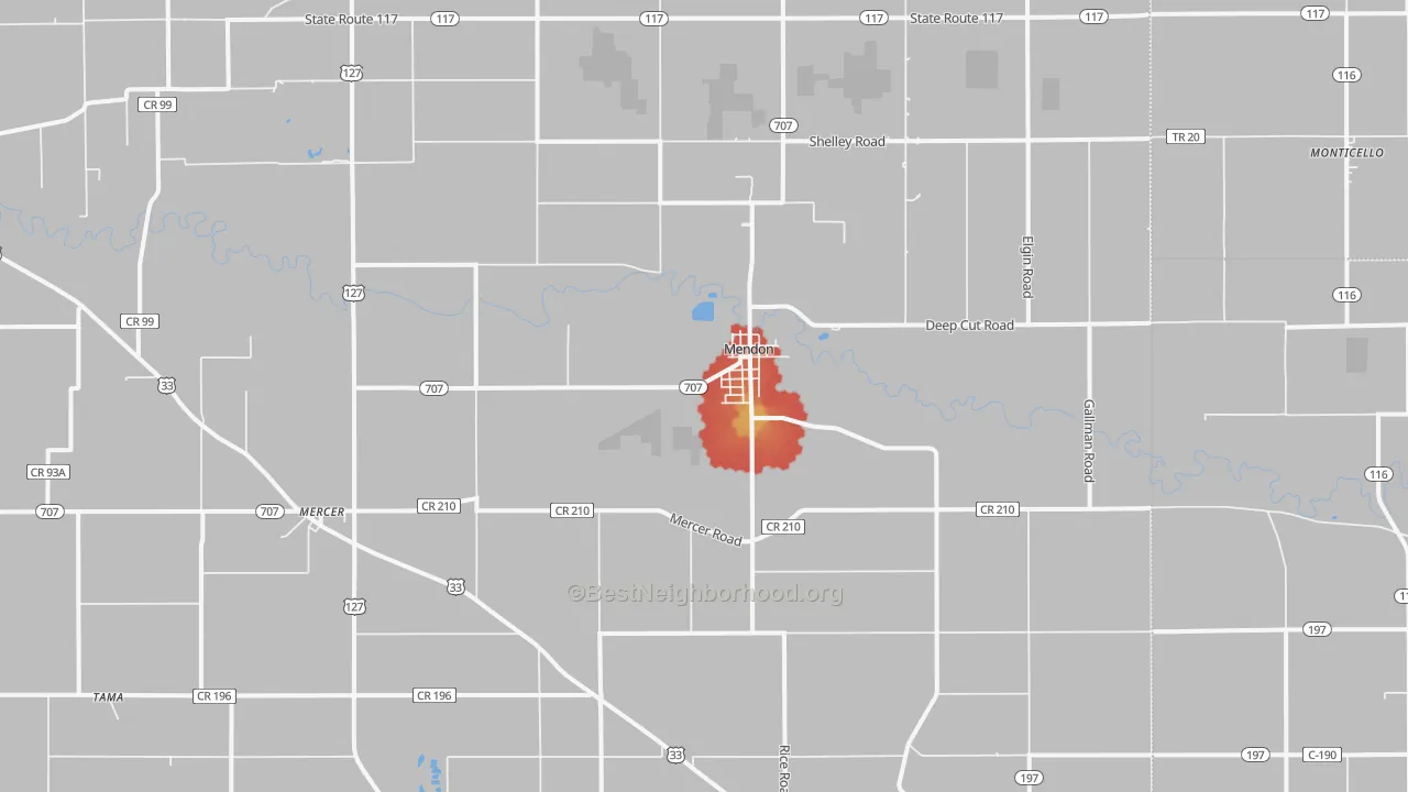 Walk Grade map of Mendon, OH, walkable areas in green and car-dependent areas in red