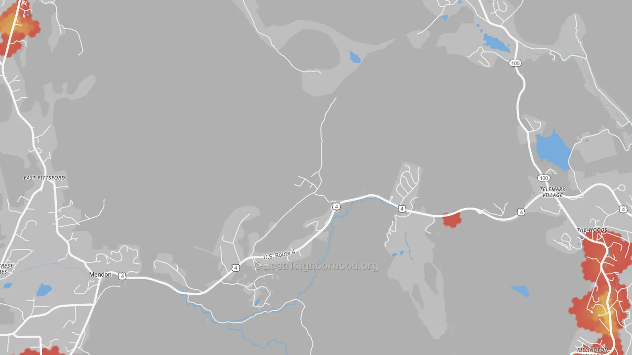 Walk Grade map of Mendon, VT, walkable areas in green and car-dependent areas in red
