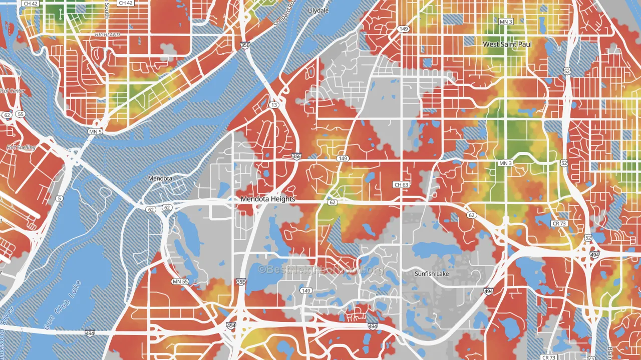 Walk Grade map of Mendota Heights, MN, walkable areas in green and car-dependent areas in red