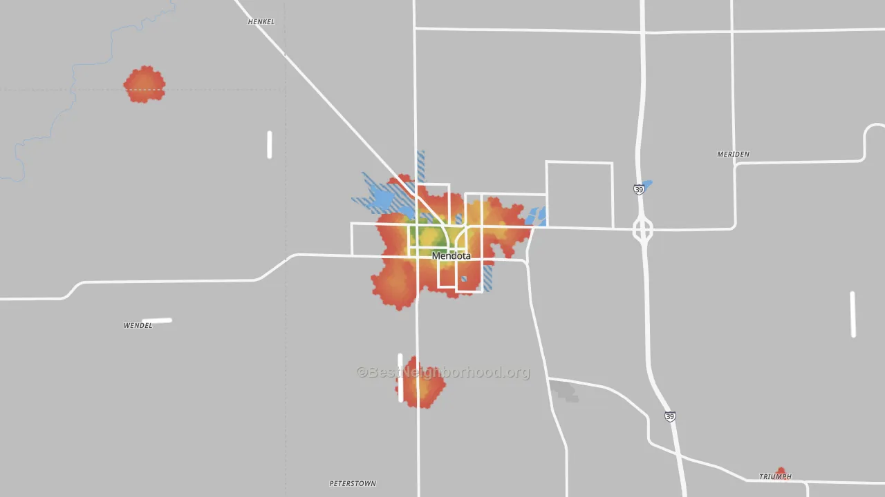 Walk Grade map of Mendota, IL, walkable areas in green and car-dependent areas in red