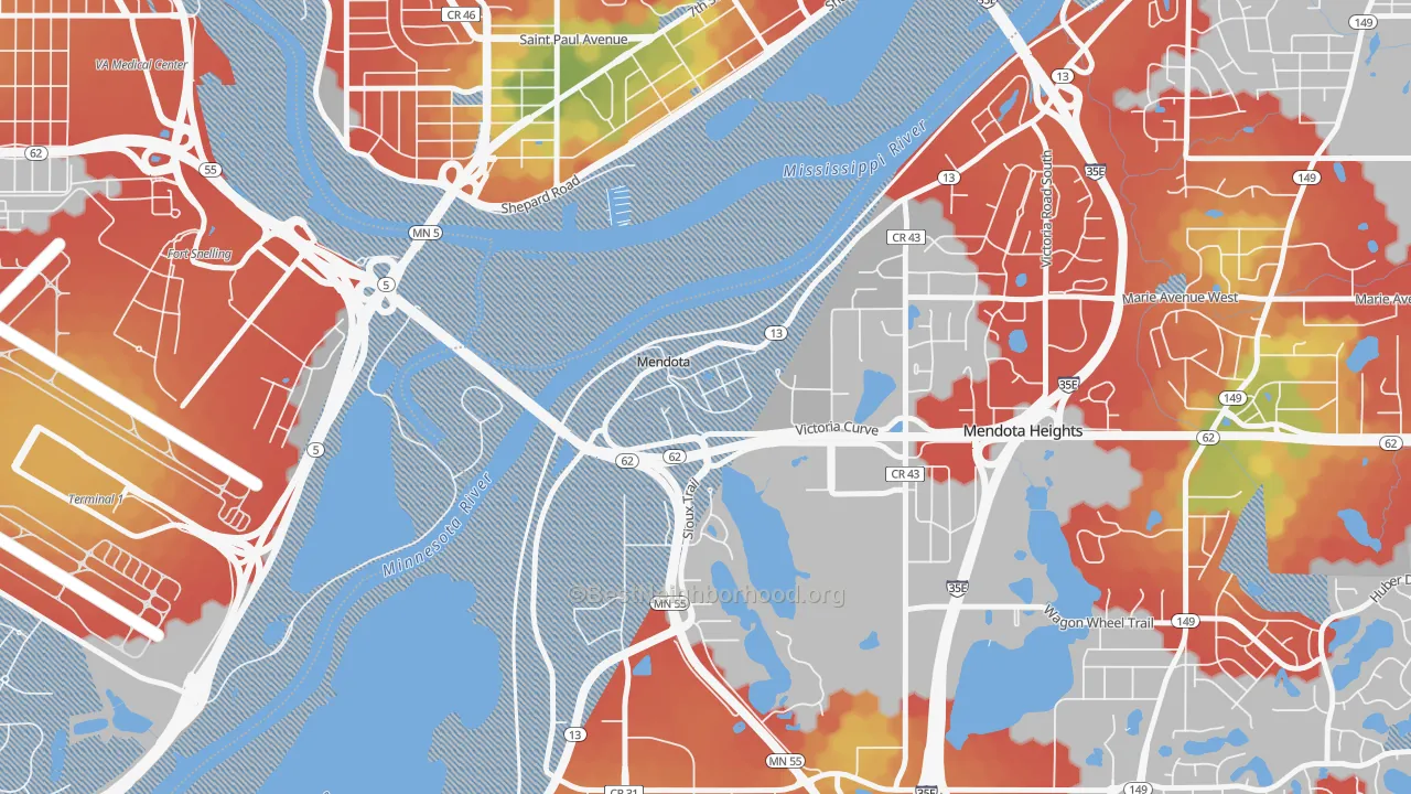 Walk Grade map of Mendota, MN, walkable areas in green and car-dependent areas in red