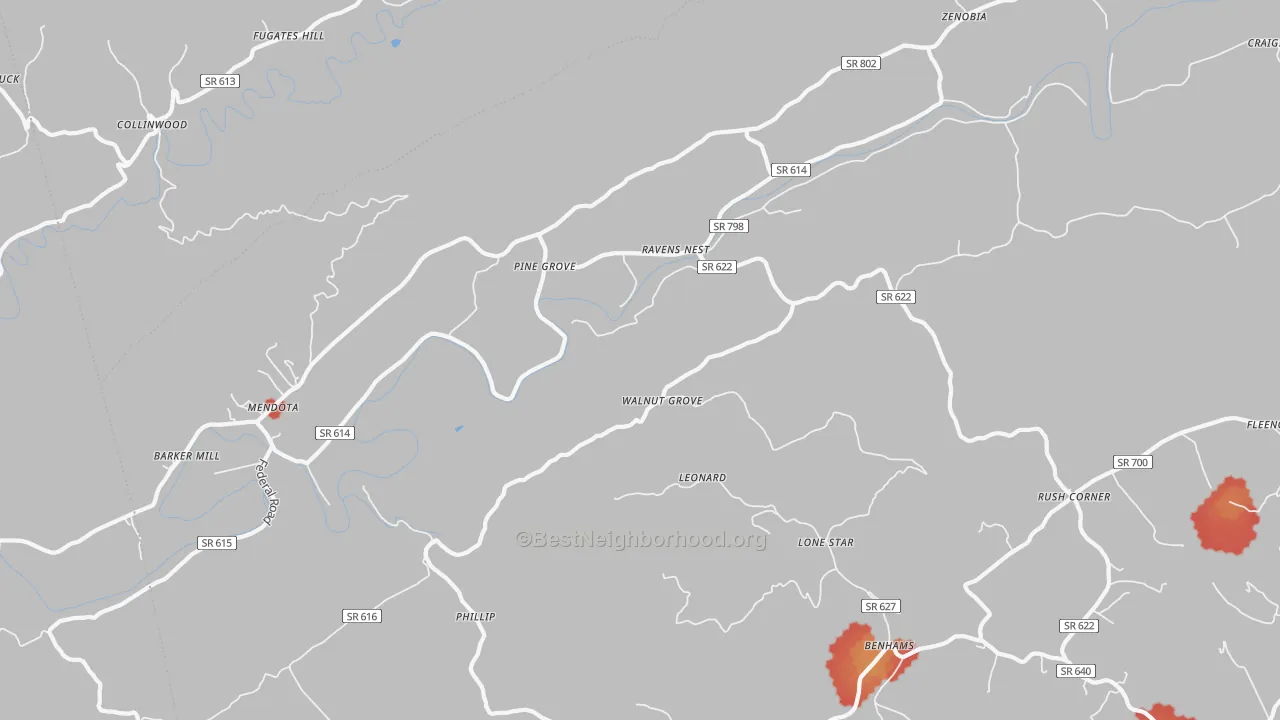 Walk Grade map of Mendota, VA, walkable areas in green and car-dependent areas in red