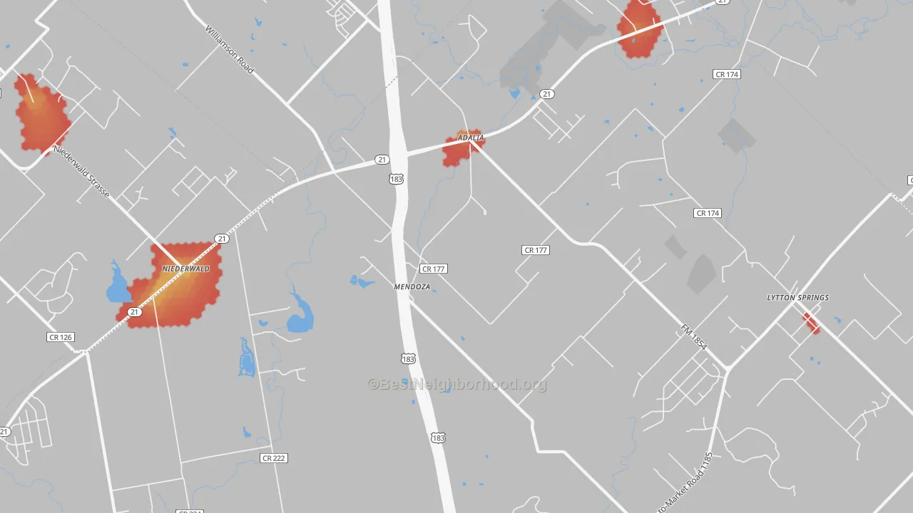 Walk Grade map of Mendoza, TX, walkable areas in green and car-dependent areas in red