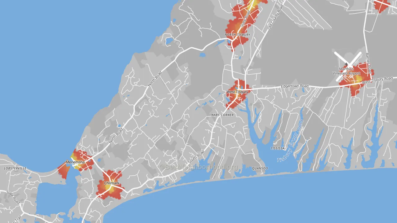 Walk Grade map of Menemsha, MA, walkable areas in green and car-dependent areas in red