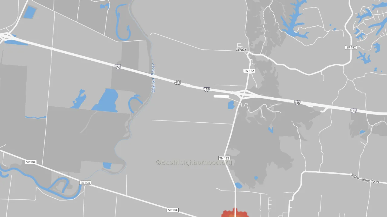Walk Grade map of Mengelwood, TN, walkable areas in green and car-dependent areas in red