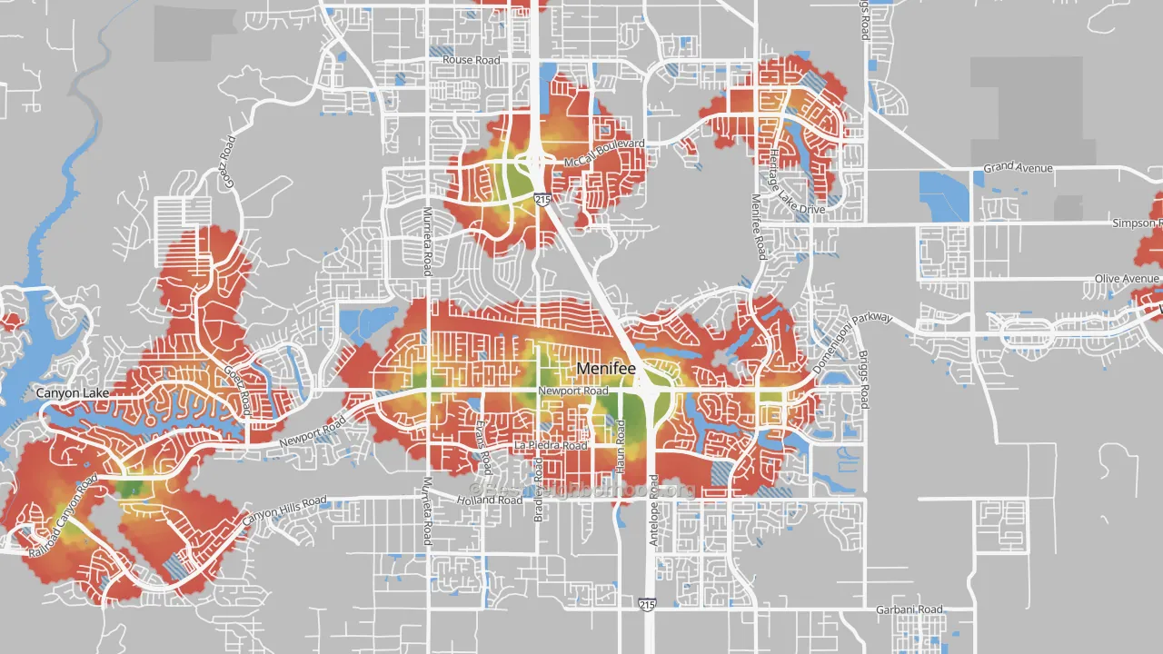 Walk Grade map of Menifee, CA, walkable areas in green and car-dependent areas in red