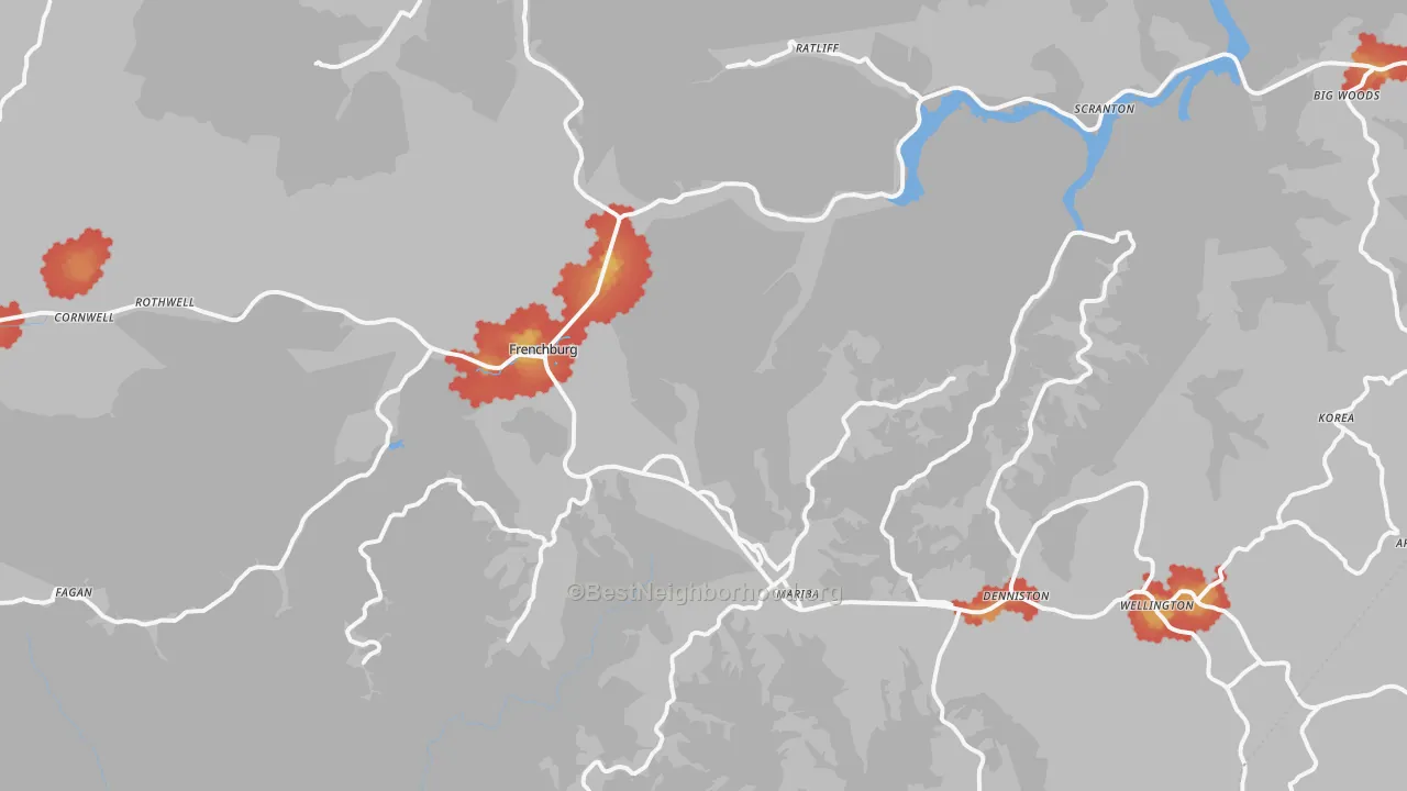 Walk Grade map of Menifee County, KY, walkable areas in green and car-dependent areas in red