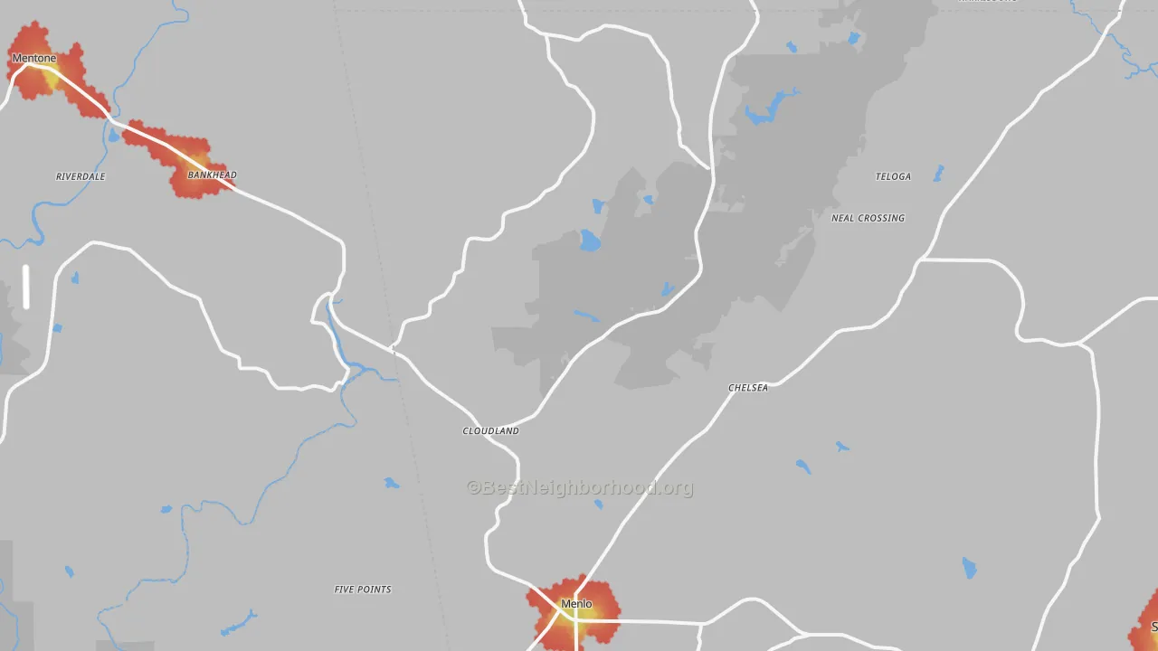Walk Grade map of Menlo, GA, walkable areas in green and car-dependent areas in red