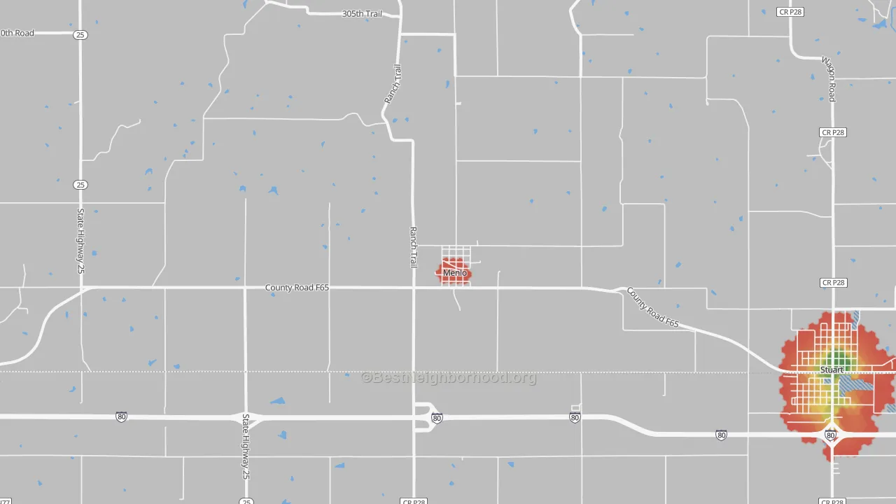Walk Grade map of Menlo, IA, walkable areas in green and car-dependent areas in red