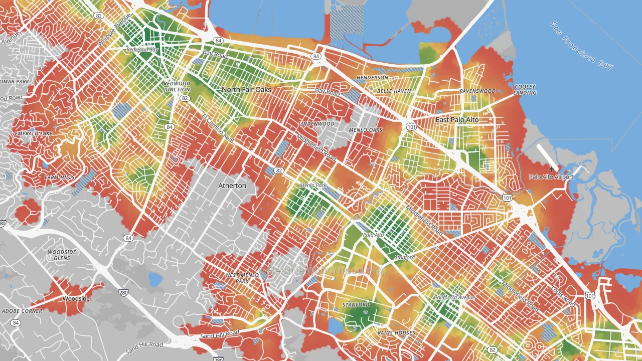 Walk Grade map of Menlo Park, CA, walkable areas in green and car-dependent areas in red