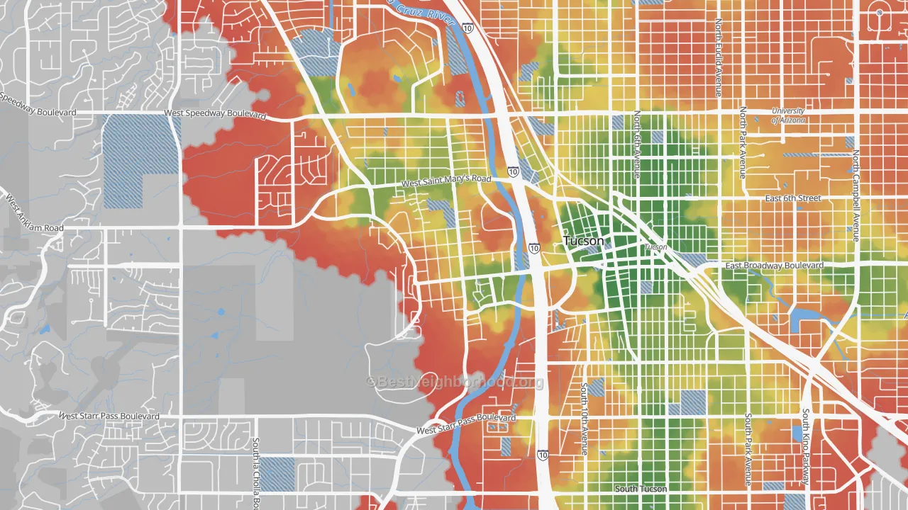 Walk Grade map of Menlo Park, Tucson, AZ, walkable areas in green and car-dependent areas in red