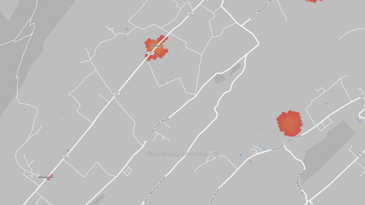 Walk Grade map of Menno, PA, walkable areas in green and car-dependent areas in red