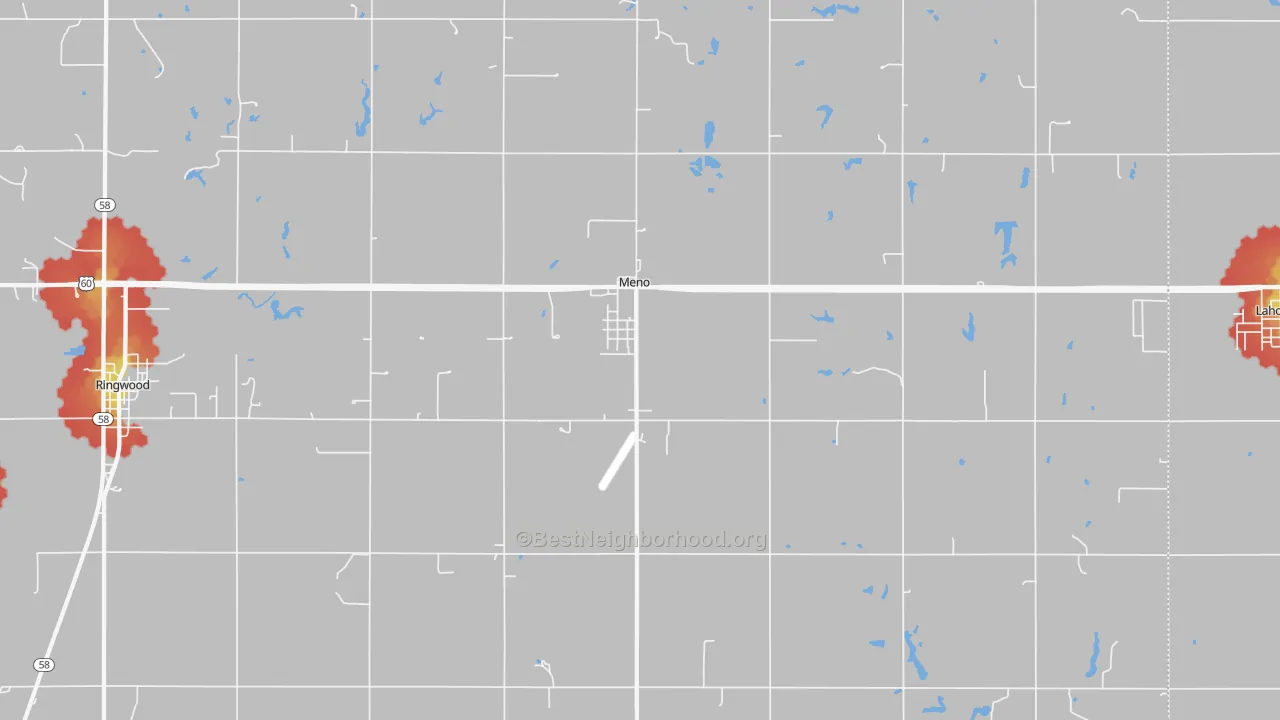 Walk Grade map of Meno, OK, walkable areas in green and car-dependent areas in red