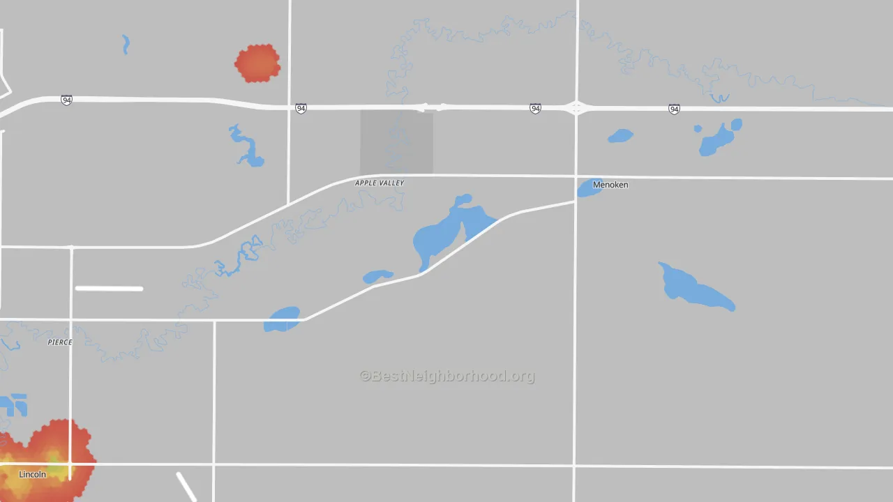 Walk Grade map of Menoken, ND, walkable areas in green and car-dependent areas in red
