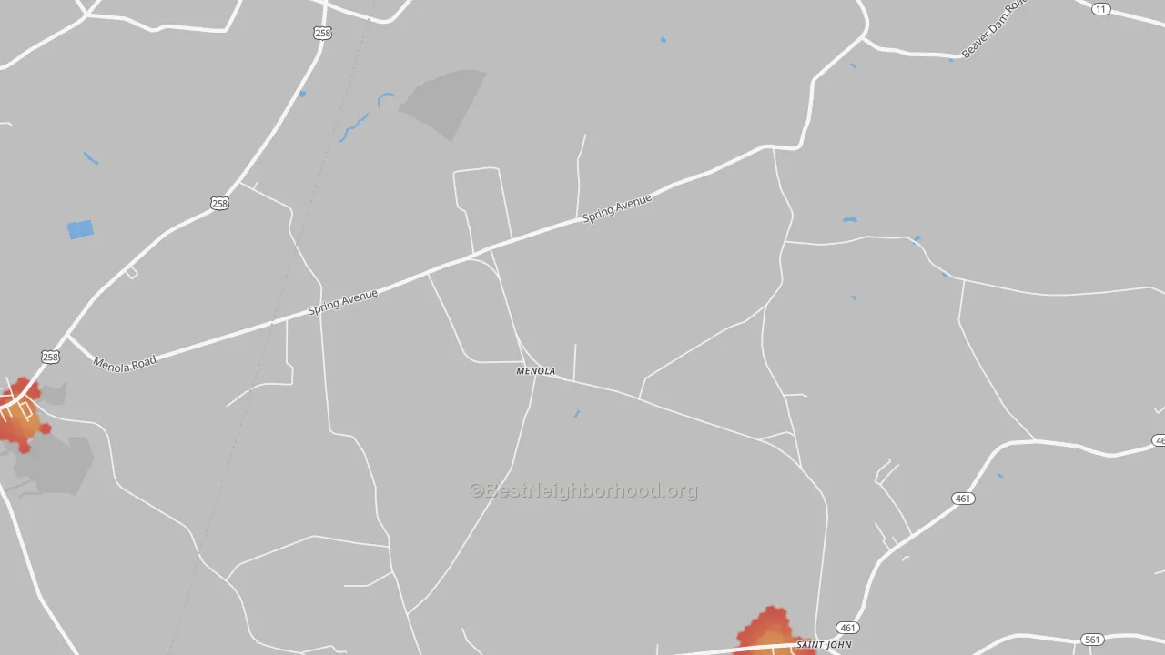Walk Grade map of Menola, NC, walkable areas in green and car-dependent areas in red