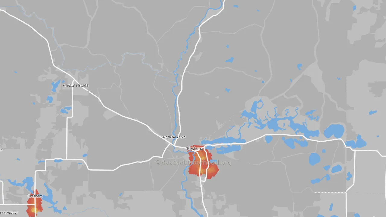Walk Grade map of Menominee County, WI, walkable areas in green and car-dependent areas in red