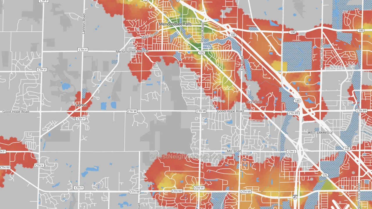Walk Grade map of Menomonee Falls, WI, walkable areas in green and car-dependent areas in red