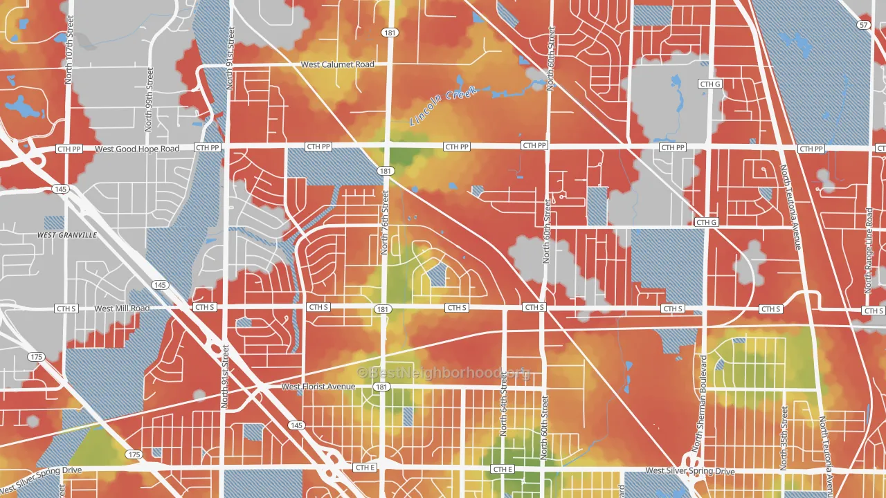 Walk Grade map of Menomonee River Hills East, Milwaukee, WI, walkable areas in green and car-dependent areas in red